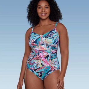 Women's UPF 50 Shirred V-Neck One Piece Swimsuit - Aqua Green® Multi Tropical L